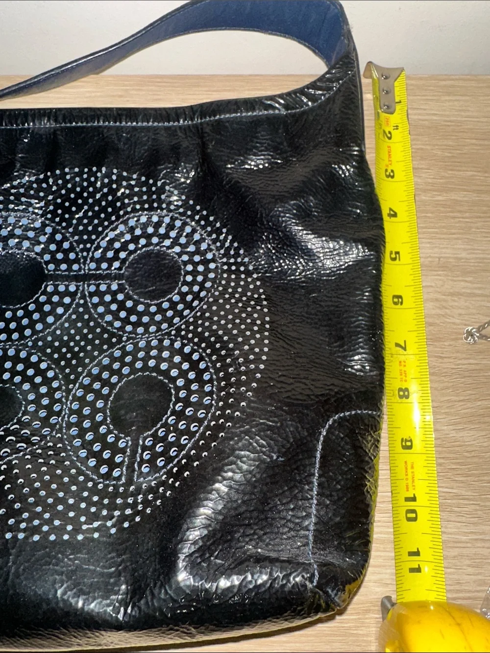Rare Coach Audrey Blue Perforated Embossed Op Art Liquid Gloss Shoulder Bag